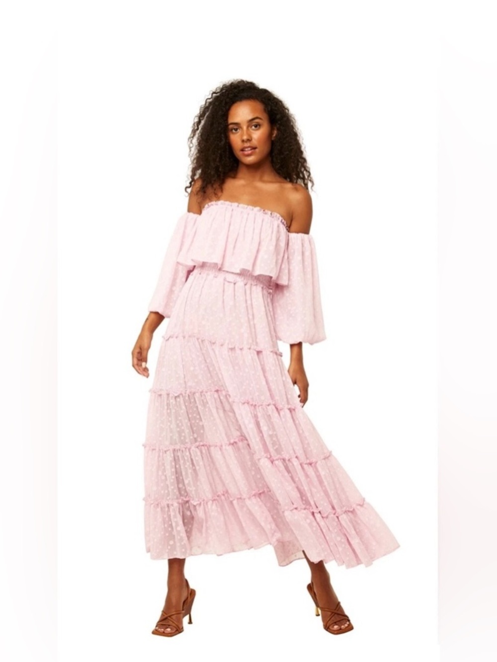 MISA Los Angeles Blush Pink Off Shoulder Tiered Maxi Dress Romantic Resort Boho - Picture 1 of 9